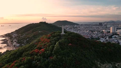 Top view of Vung Tau with statue of Jesus Christ on Mountain . the most popul Stock Footage 201278927