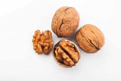 Top View of Walnuts Isolated on White Background Shot in Studio Stock Photos