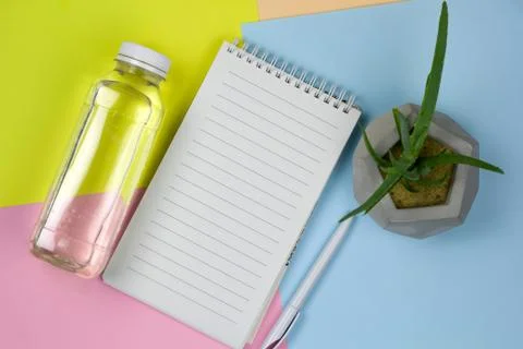 Top view water bottle, empty white paper sheet, pen and succulent plant in co Stock Photos
