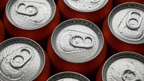 Top view water droplets on red can of soda or beer rotate background Stock Footage 106738449