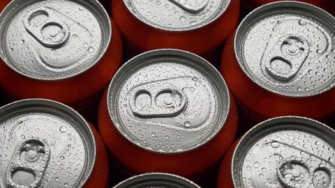 Top view water droplets on red can of soda or beer rotate background Stock Footage 106738547