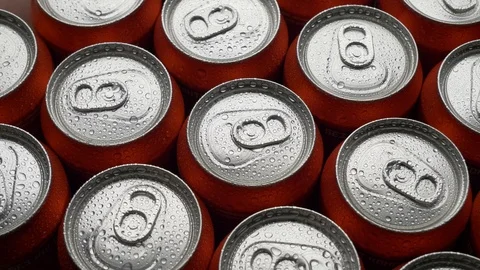 Top view water droplets on red can of soda or beer rotate background Stock Footage 106738628