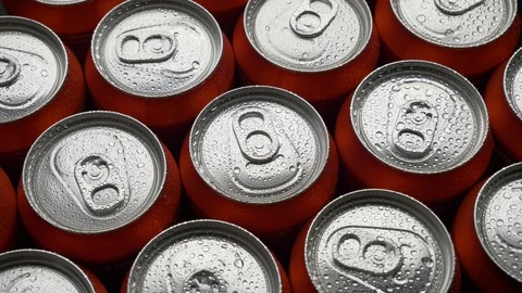 Top view water droplets on red can of soda or beer rotate background Stock Footage 106738686