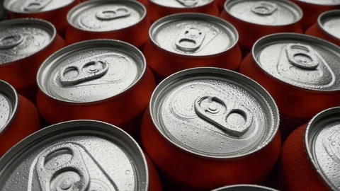 Top view water droplets on red can of soda or beer rotate background Stock Footage 106738792