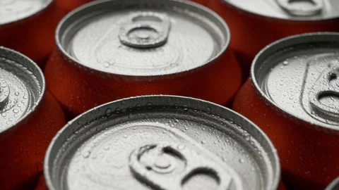 Top view water droplets on red can of soda or beer rotate background Stock Footage 106738825