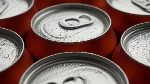 Top view water droplets on red can of soda or beer rotate background Stock Footage 106738869