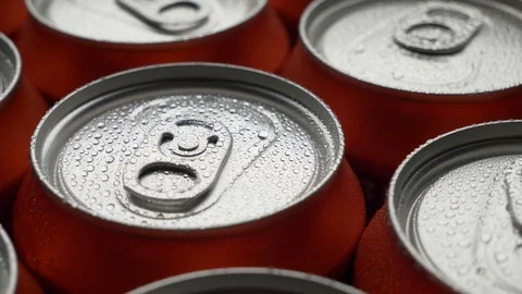 Top view water droplets on red can of soda or beer rotate background Stock Footage 106738979