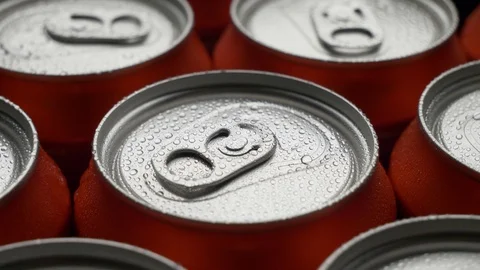 Top view water droplets on red can of soda or beer rotate background Stock Footage 106739105