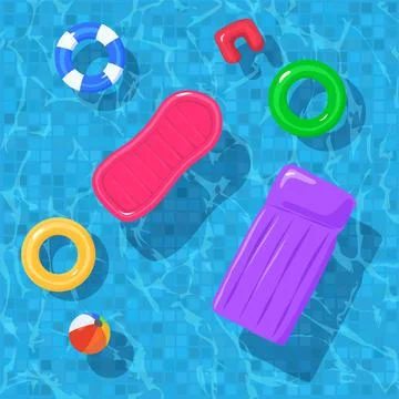 Top view of water in pool with floating rings and mattresses, flat vector. Illustrazione stock