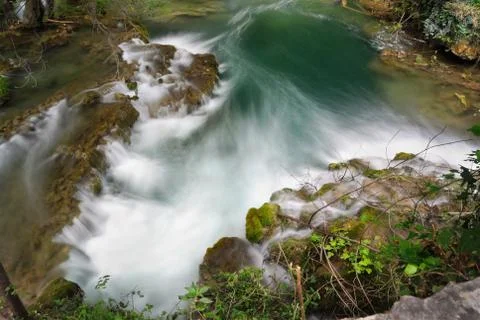 Top view to waterfall cascade blured by long time 스톡 사진