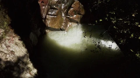 Top view on the waterfall with green-blue tint. Stock Footage 77620972
