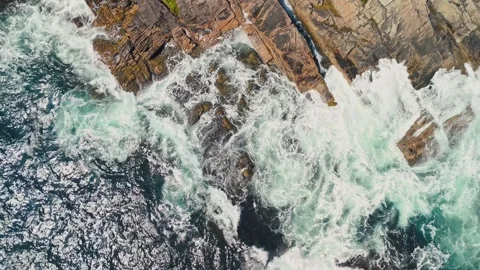 Top View Waves Crashing on Rocks - Nova Scotia, Canada Aerial Stock Footage 280191317
