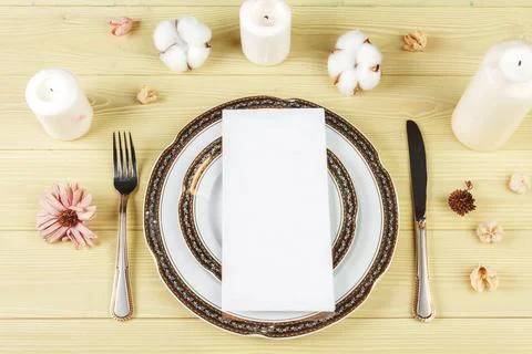 Top view of a wedding table setting with decorations Stock Photos