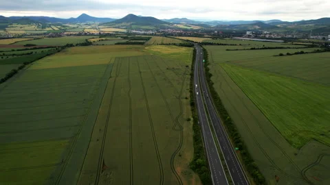 Top view of a wheat field, through which runs a highway. Aerial view of Stock Footage 159844039