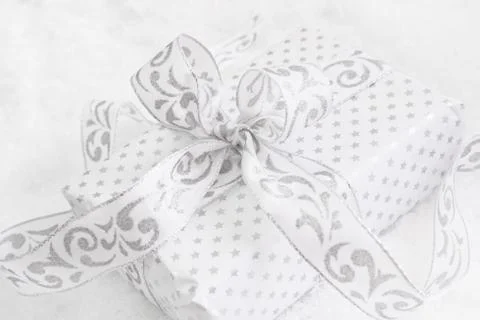 Top view of white and silver present box for christmas Stock Photos
