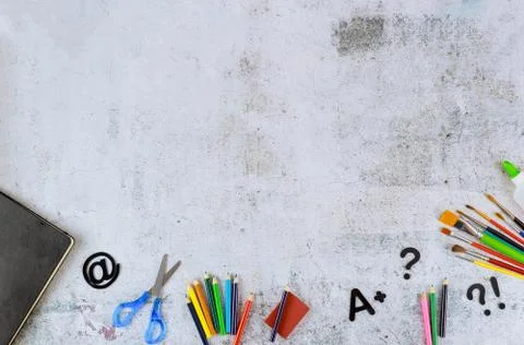 Top view white background with school supplies. Stock Photos