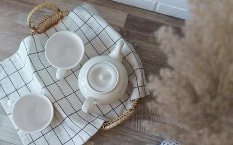 Top view of white ceramic Tea pot and cups Stock Photos