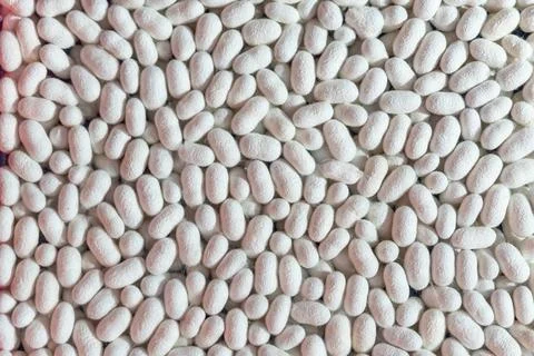 Top view of white cocoons, which are the raw material of silk fabric, texti.. Stock Photos