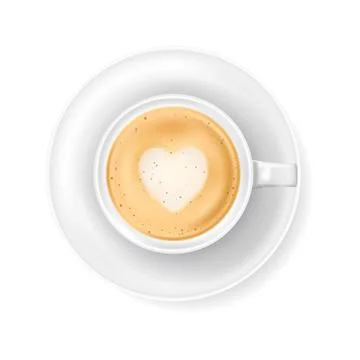 Top view at white coffee cup on plate. Realistic vector illustration of hot Stock Illustration
