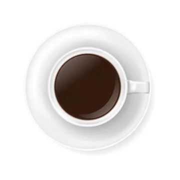 Top view at white coffee cup on plate. Realistic vector illustration of hot Illustrazione stock
