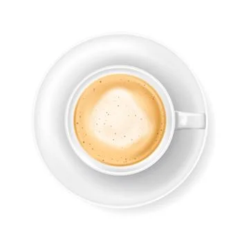 Top view at white coffee cup on plate. Realistic vector illustration of hot Illustrazione stock