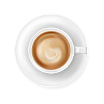 Top view at white coffee cup on plate. Realistic vector illustration of hot Illustrazione stock
