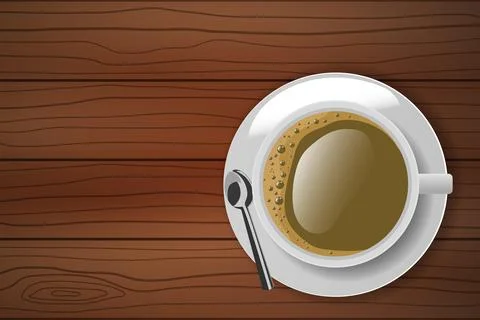 Top view of white coffee cup with plate and spoon on wooden table Illustrazione stock
