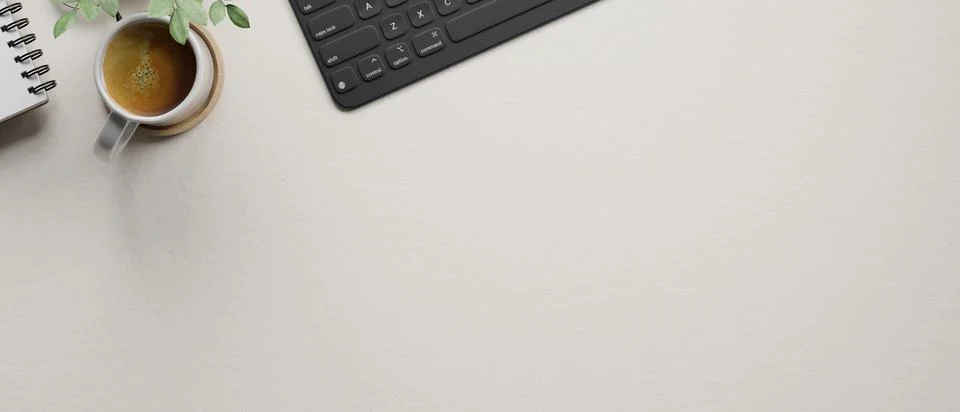 Top view of white desk with coffee cup black keyboard and notebook top view.. Stock Illustration