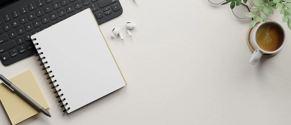 Top view of white desk with notebook, keyboard, pen, sticky note, earbuds a.. Stock Illustration