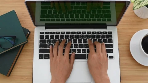Top view of white desk with office supplies. woman using his laptop computer, ty Stock Footage 87447883