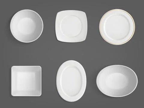Top view of white different shapes bowls Illustrazione stock