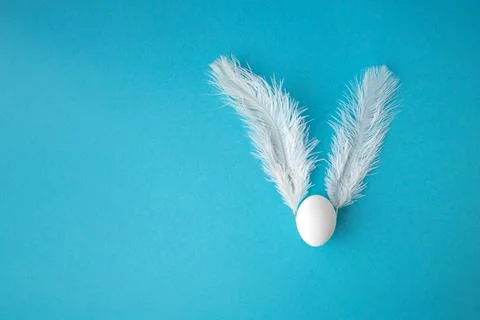 Top view of a white Easter egg and white feathers, such as the Easter bunny.. Stock Photos