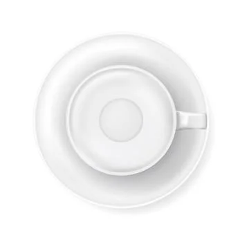 Top view at white empty coffee cup on plate. Realistic vector illustration of Stock Illustration