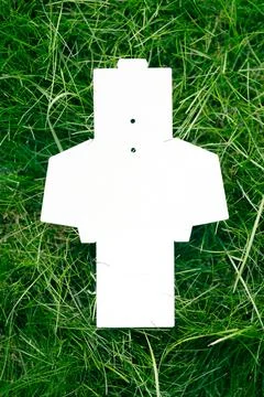 Top view of white empty unfolded box for accessories or clothing tags on green Stock Photos