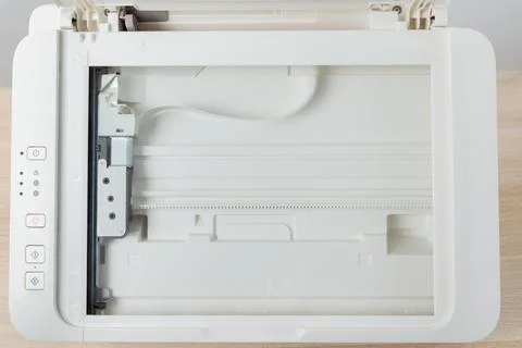 Top View Of A White Flatbed Scanner Bed Inside An Office Multifunction Prin.. Stock Photos