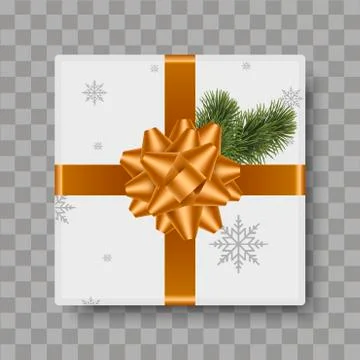 Top view white gift box with gold bow and pine. Vector. Stock Illustration