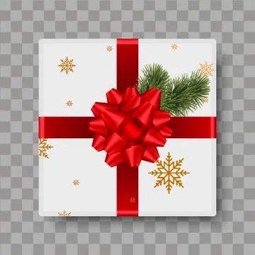 Top view white gift box with red bow and pine. Vector. Stock Illustration