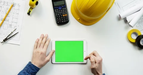 Top view on the white horizontal tablet device on the white table of the 스톡 동영상 96184858