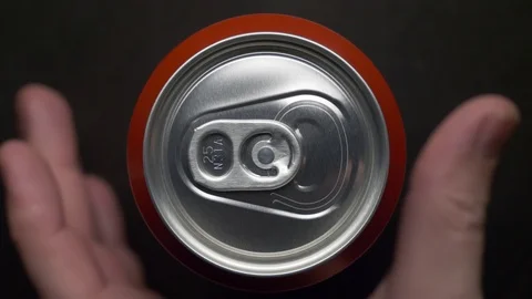 Top view of white man open red can of soda or beer Stock Footage 106742050