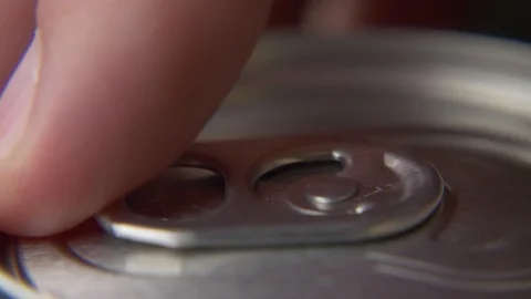 Top view of white man open red can of soda or beer Stock Footage 106742434
