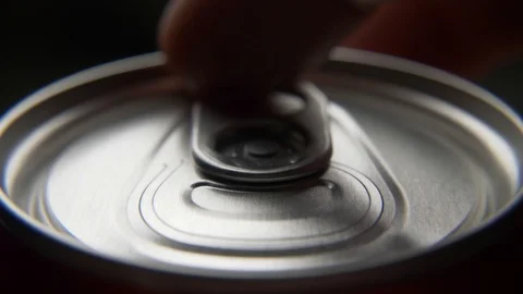 Top view of white man open red can of soda or beer Stock Footage 106742585