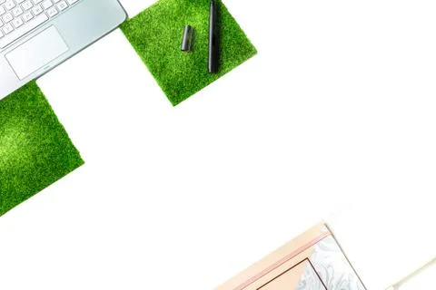 Top view of white office table with laptop and supplies. Stock Photos
