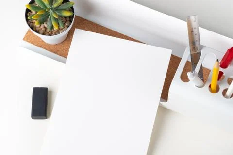 Top view white paper note on modern office stationery on white table.pencil,  Stock Photos