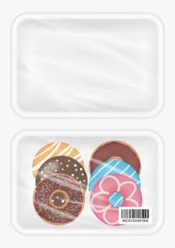 Top view of White polystyrene packaging mockup with donut inside Stock Illustration