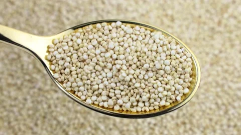 Top view of white quinoa uncooked seeds in spoon with circle rotation close up Stock Footage 238405046