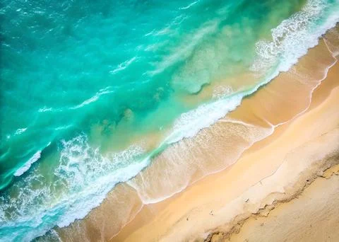 Top view of the white sand beach and the rolling foamy wave of the ocean. Stock Photos