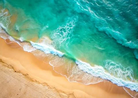 Top view of the white sand beach and the rolling foamy wave of the ocean. Stock Photos