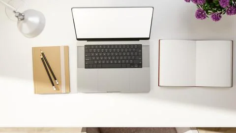 Top view of white screen laptop with open book and pencil and potted plant .. Stock Illustration