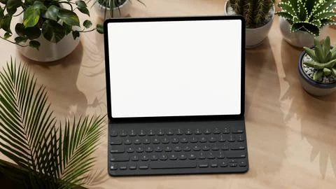Top view of a white screen tablet with keyboard aside potted plants on wood.. Stockillustratie