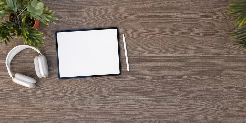 Top view of white screen tablet with stylus pencil and headphones aside pot.. Stock Illustration